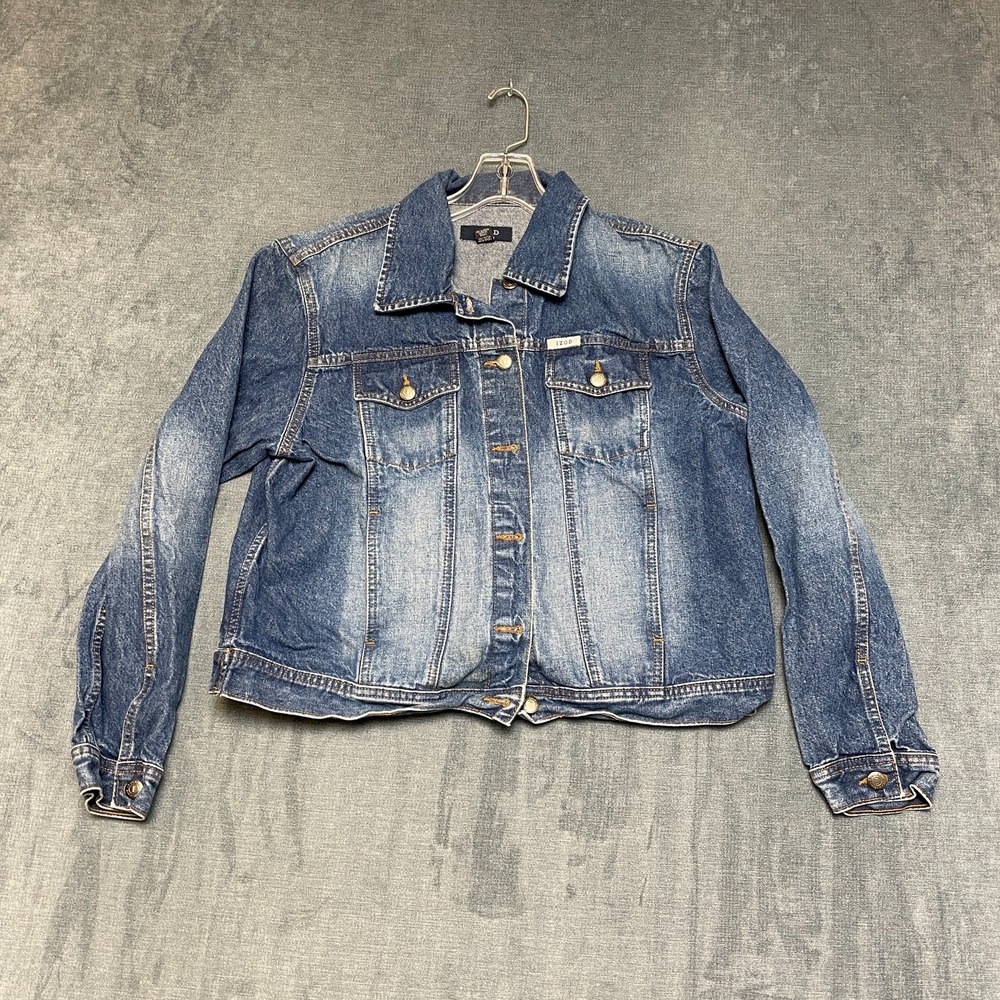 Izod Jean Denim Jacket Womens L Blue Cotton Button Up Long Sleeve Dual Pockets